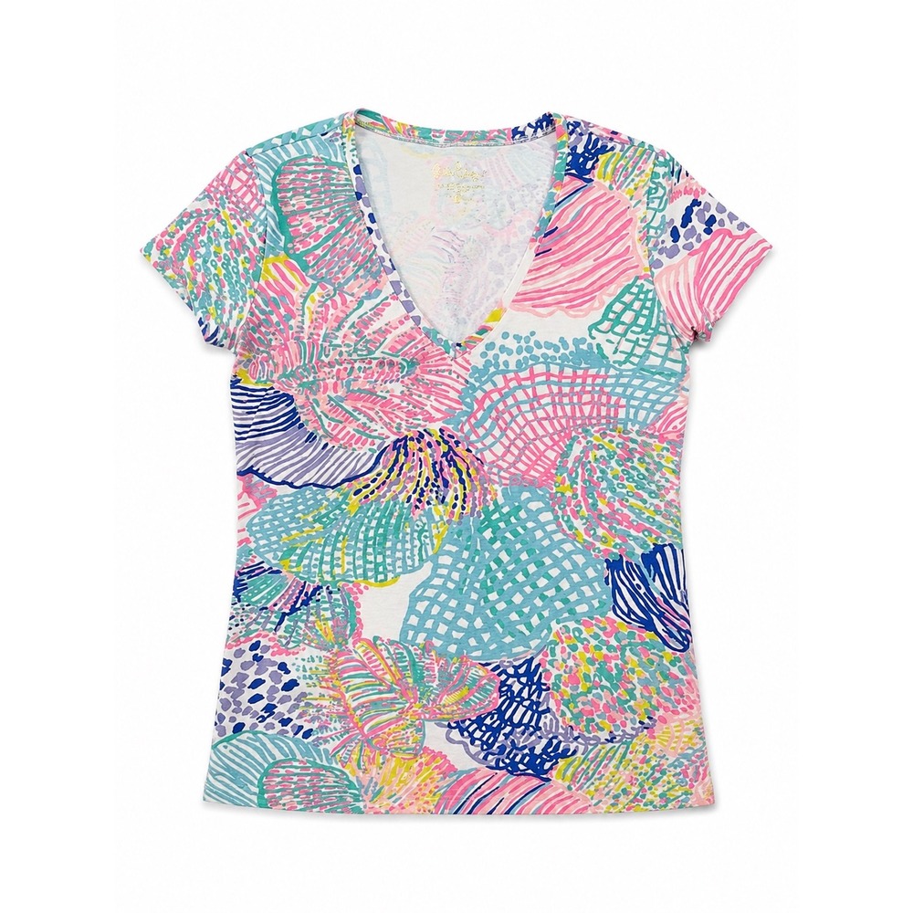 Lilly Pulitzer Womens V-Neck Short Sleeve Shell Print Tee Multi-Color XXS